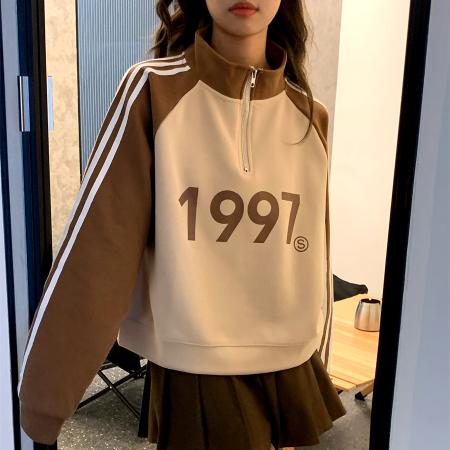 FA55052# 拉链卫衣女秋季春新款小个子字母长袖撞色休闲上衣短外套 服裝批發女裝批發服飾貨源