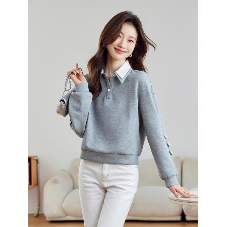 FA55054# 假两件灰色卫衣女春季新款拼接领学院风宽松长袖上衣 服裝批發女裝批發服飾貨源