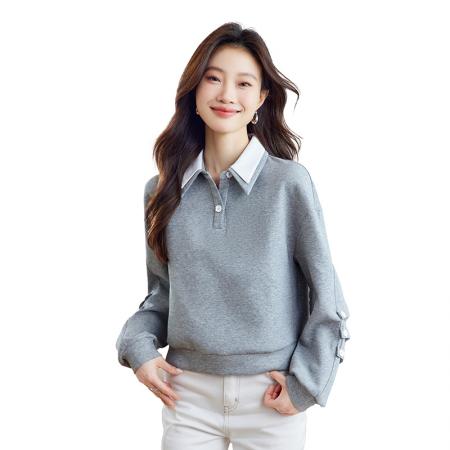 FA55054# 假两件灰色卫衣女春季新款拼接领学院风宽松长袖上衣 服裝批發女裝批發服飾貨源