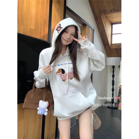 FA55055# 韩系毛巾绣连帽卫衣冬季加绒加厚灰色刺绣宽松设计感上衣 服裝批發女裝批發服飾貨源