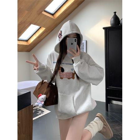 FA55055# 韩系毛巾绣连帽卫衣冬季加绒加厚灰色刺绣宽松设计感上衣 服裝批發女裝批發服飾貨源