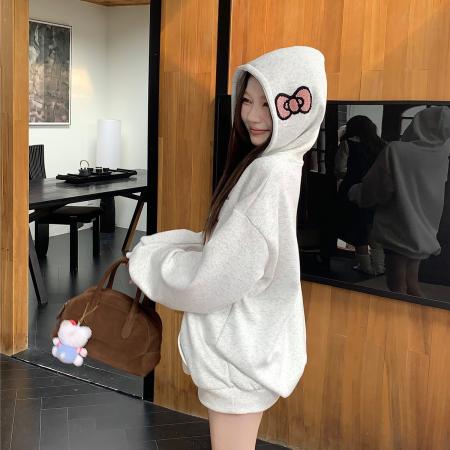 FA55055# 韩系毛巾绣连帽卫衣冬季加绒加厚灰色刺绣宽松设计感上衣 服裝批發女裝批發服飾貨源