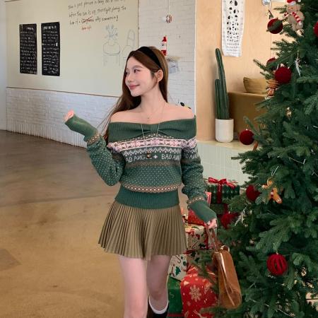 FA55056# 费尔岛复古一字肩保暖毛衣女秋冬新款修身显瘦针织上衣 服裝批發女裝批發服飾貨源