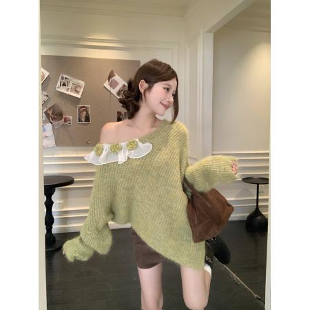 FA55058# 绿色立体花朵不规则针织衫女爆款秋季慵懒风毛衣上衣女 服裝批發女裝批發服飾貨源