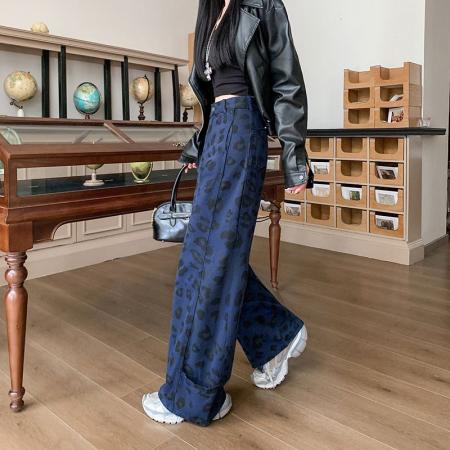 FA55060# 美式复古蓝色豹纹牛仔裤女高街宽松休闲百搭阔腿弯刀裤 服裝批發女裝批發服飾貨源