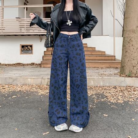 FA55060# 美式复古蓝色豹纹牛仔裤女高街宽松休闲百搭阔腿弯刀裤 服裝批發女裝批發服飾貨源