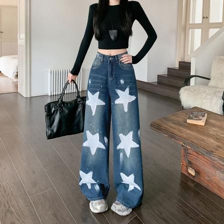 FA55061# 做旧油漆涂鸦牛仔裤子女秋装新款辣妹设计感阔腿休闲裤 服裝批發女裝批發服飾貨源