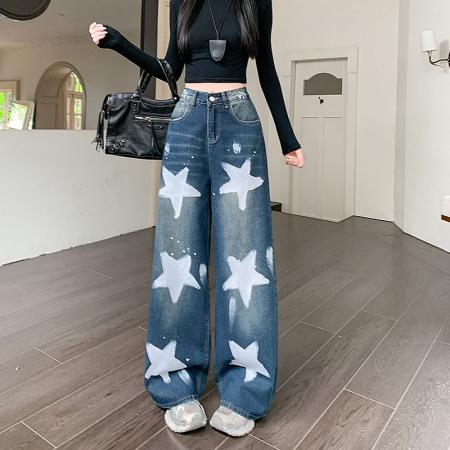 FA55061# 做旧油漆涂鸦牛仔裤子女秋装新款辣妹设计感阔腿休闲裤 服裝批發女裝批發服飾貨源
