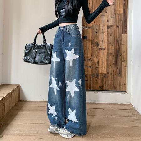 FA55061# 做旧油漆涂鸦牛仔裤子女秋装新款辣妹设计感阔腿休闲裤 服裝批發女裝批發服飾貨源