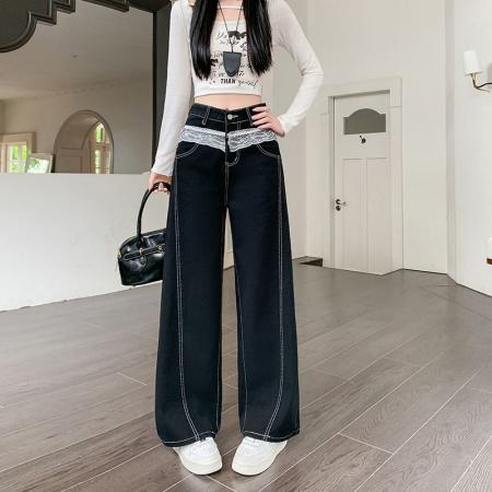 FA55062# 设计感美式复古蕾丝花边拼接牛仔裤女街头显瘦黑色长裤 服裝批發女裝批發服飾貨源