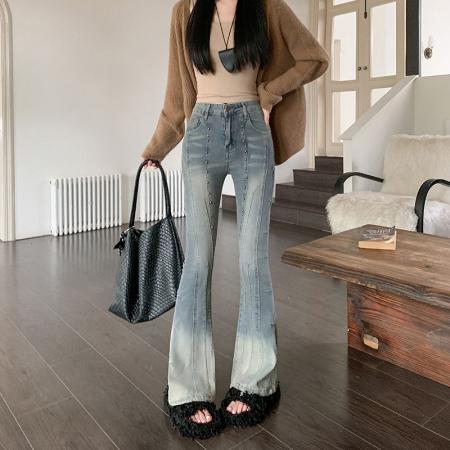 FA55063# 复古铆钉重工微喇牛仔裤女秋季高腰显高设计感修身长裤 服裝批發女裝批發服飾貨源