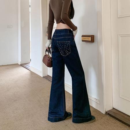 FA55064# 美式复古辣妹不规则重工钉珠牛仔裤女直筒显瘦长裤子潮 服裝批發女裝批發服飾貨源