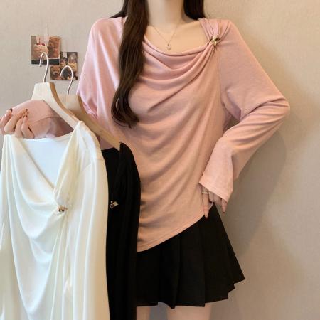 FA55066# 大码女装胖mm甜美风荡领蝴蝶结系带长袖T恤秋季显瘦 服裝批發女裝批發服飾貨源