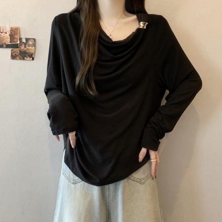 FA55066# 大码女装胖mm甜美风荡领蝴蝶结系带长袖T恤秋季显瘦 服裝批發女裝批發服飾貨源