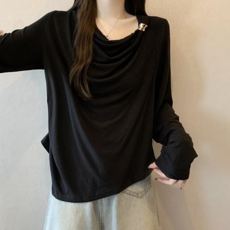 FA55066# 大码女装胖mm甜美风荡领蝴蝶结系带长袖T恤秋季显瘦 服裝批發女裝批發服飾貨源