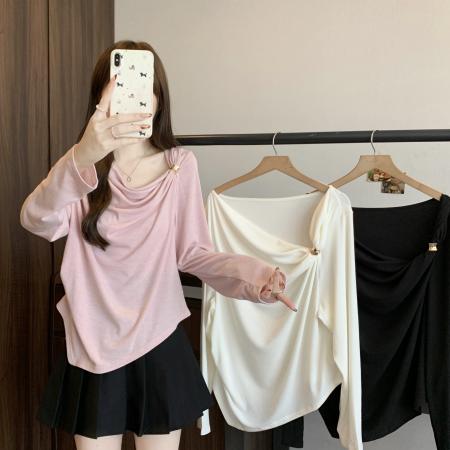 FA55066# 大码女装胖mm甜美风荡领蝴蝶结系带长袖T恤秋季显瘦 服裝批發女裝批發服飾貨源