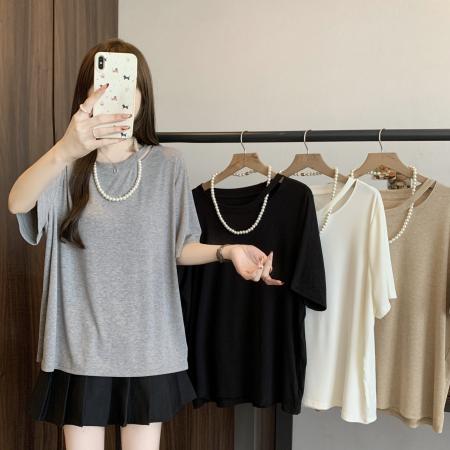 FA55067# 大码夏季新款时尚洋气设计感珍珠针织短袖T恤女修身休闲 服裝批發女裝批發服飾貨源