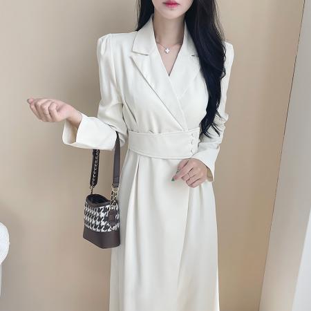 FA55068# 韩国chic春季法式轻奢赫本风气质翻领收腰显瘦设计感西装连衣裙 服裝批發女裝批發服飾貨源