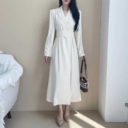 FA55068# 韩国chic春季法式轻奢赫本风气质翻领收腰显瘦设计感西装连衣裙 服裝批發女裝批發服飾貨源