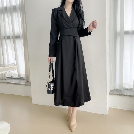 FA55068# 韩国chic春季法式轻奢赫本风气质翻领收腰显瘦设计感西装连衣裙 服裝批發女裝批發服飾貨源