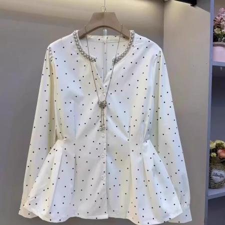 FA55069# 大码春秋款韩系波点长袖衬衫女胖MM重工艺领口钉珠设计感显瘦上衣 服裝批發女裝批發服飾貨源