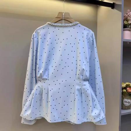 FA55069# 大码春秋款韩系波点长袖衬衫女胖MM重工艺领口钉珠设计感显瘦上衣 服裝批發女裝批發服飾貨源