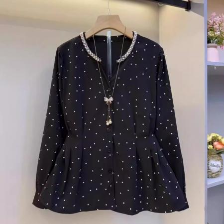 FA55069# 大码春秋款韩系波点长袖衬衫女胖MM重工艺领口钉珠设计感显瘦上衣 服裝批發女裝批發服飾貨源