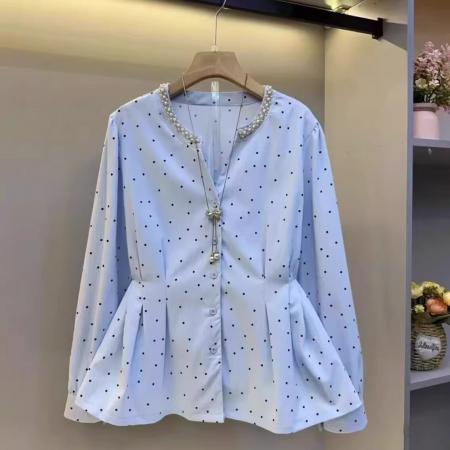 FA55069# 大码春秋款韩系波点长袖衬衫女胖MM重工艺领口钉珠设计感显瘦上衣 服裝批發女裝批發服飾貨源