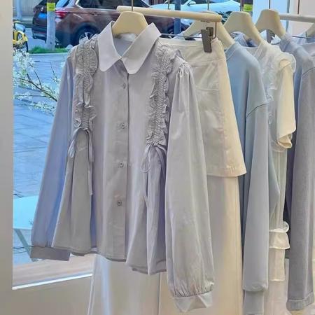 FA55070# 超火蓝色翻领荷叶边长袖衬衫衬衣女春装高级感轻奢减龄洋气 服裝批發女裝批發服飾貨源