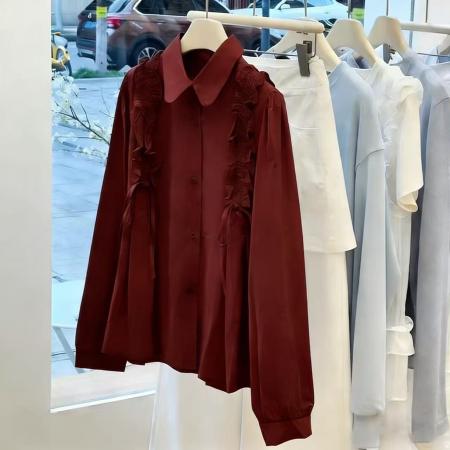 FA55070# 超火蓝色翻领荷叶边长袖衬衫衬衣女春装高级感轻奢减龄洋气 服裝批發女裝批發服飾貨源