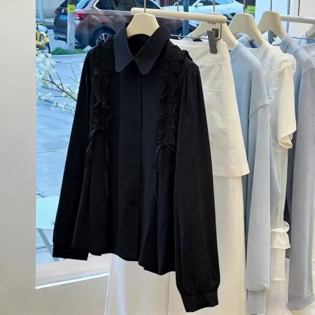 FA55070# 超火蓝色翻领荷叶边长袖衬衫衬衣女春装高级感轻奢减龄洋气 服裝批發女裝批發服飾貨源