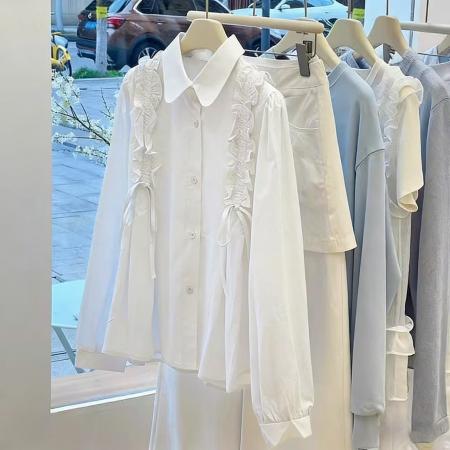 FA55070# 超火蓝色翻领荷叶边长袖衬衫衬衣女春装高级感轻奢减龄洋气 服裝批發女裝批發服飾貨源