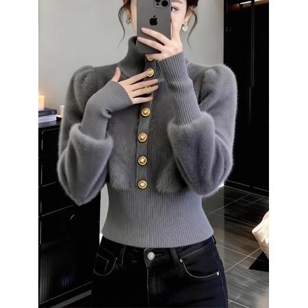 FA55077# 温柔灰色小香风高领收腰显瘦毛衣针织衫女秋冬新款小个子短款上衣 服裝批發女裝批發服飾貨源