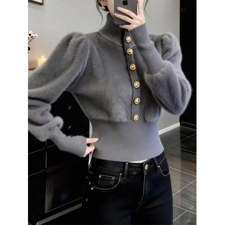 FA55077# 温柔灰色小香风高领收腰显瘦毛衣针织衫女秋冬新款小个子短款上衣 服裝批發女裝批發服飾貨源