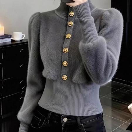 FA55077# 温柔灰色小香风高领收腰显瘦毛衣针织衫女秋冬新款小个子短款上衣 服裝批發女裝批發服飾貨源