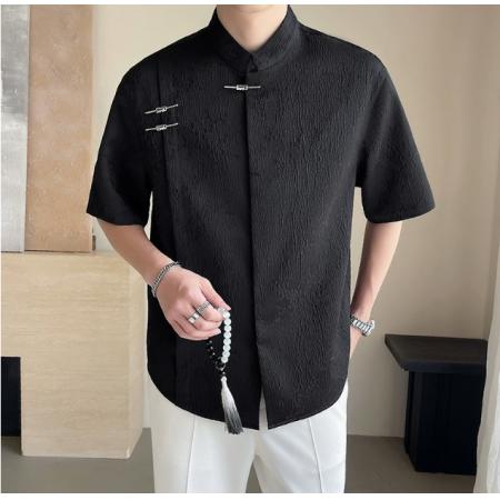 LN76435# 黁白新中式短袖衬衫男夏季潮牌痞帅休闲衬衣新款男士上衣半袖寸衫