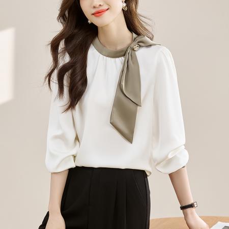 FA55082# 法式温柔领口蝴蝶结衬衫女装春秋新款拼色飘带设计感缎面上衣 服裝批發女裝批發服飾貨源