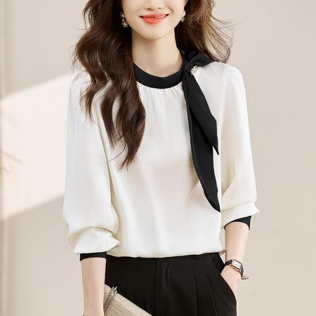 FA55082# 法式温柔领口蝴蝶结衬衫女装春秋新款拼色飘带设计感缎面上衣 服裝批發女裝批發服飾貨源