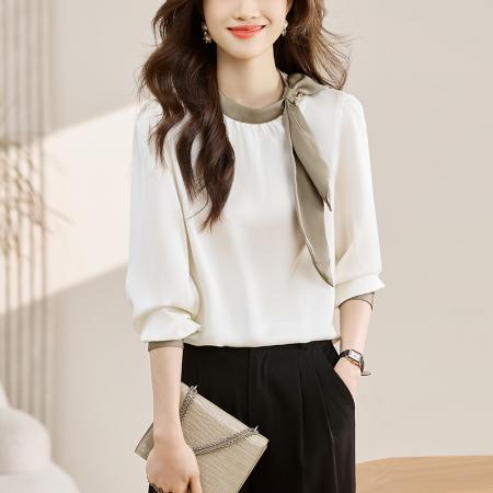 FA55082# 法式温柔领口蝴蝶结衬衫女装春秋新款拼色飘带设计感缎面上衣 服裝批發女裝批發服飾貨源