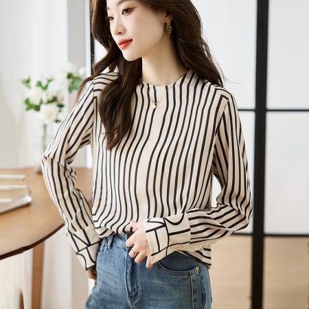 FA55083# 法式高端黑白条纹气质圆领衬衫女设计感春秋新款上衣 服裝批發女裝批發服飾貨源
