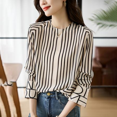 FA55083# 法式高端黑白条纹气质圆领衬衫女设计感春秋新款上衣 服裝批發女裝批發服飾貨源