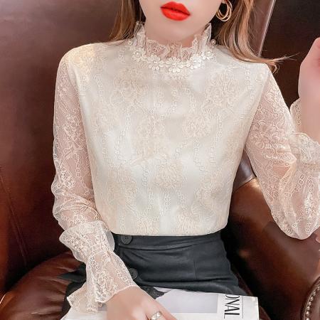 FA55085# 春秋季新款韩版时尚欧货蕾丝打底衫洋气雪纺小衫女 服裝批發女裝批發服飾貨源