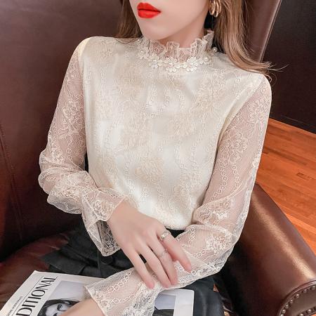 FA55085# 春秋季新款韩版时尚欧货蕾丝打底衫洋气雪纺小衫女 服裝批發女裝批發服飾貨源