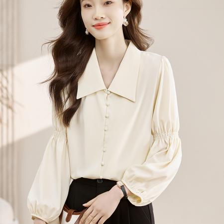 FA55086# 法式复古V领泡泡袖衬衫女春秋季新款设计感长袖衬衣别致上衣 服裝批發女裝批發服飾貨源