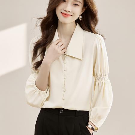 FA55086# 法式复古V领泡泡袖衬衫女春秋季新款设计感长袖衬衣别致上衣 服裝批發女裝批發服飾貨源