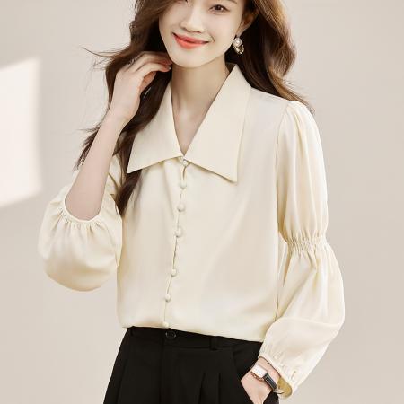 FA55086# 法式复古V领泡泡袖衬衫女春秋季新款设计感长袖衬衣别致上衣 服裝批發女裝批發服飾貨源