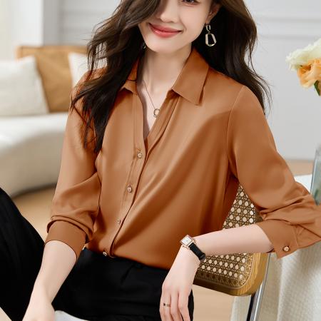 FA55088# 春季新款缎面衬衫V领金属扣长袖上衣 服裝批發女裝批發服飾貨源