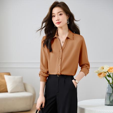 FA55088# 春季新款缎面衬衫V领金属扣长袖上衣 服裝批發女裝批發服飾貨源