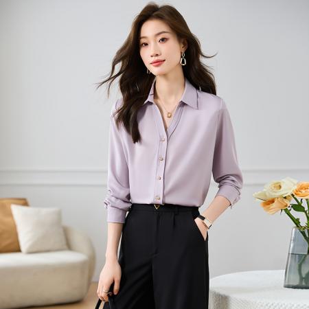 FA55088# 春季新款缎面衬衫V领金属扣长袖上衣 服裝批發女裝批發服飾貨源