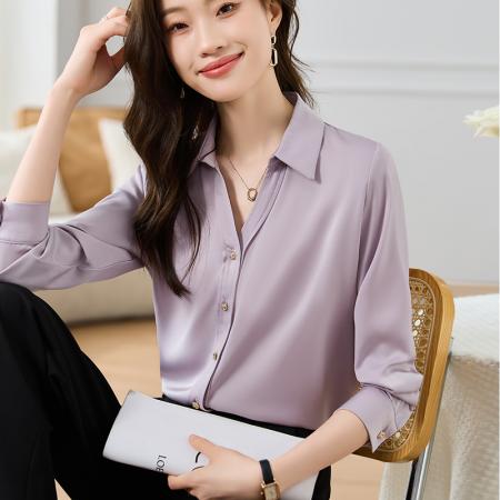 FA55088# 春季新款缎面衬衫V领金属扣长袖上衣 服裝批發女裝批發服飾貨源